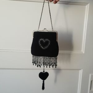 Hand Embellished Black Heart Velvet Beaded Kisslock Purse